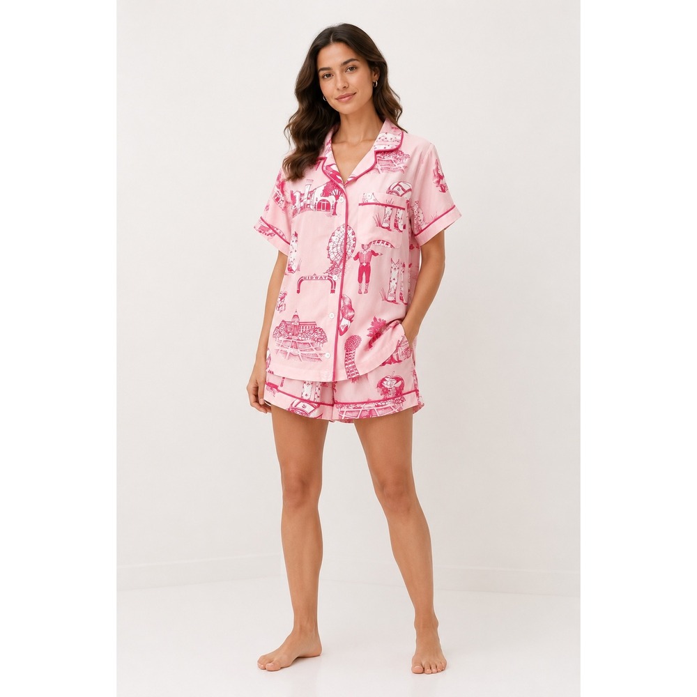 Katie Kime Dallas Toile Pajama Set Pink Cotton Modal Short Sleeve Shorts XS